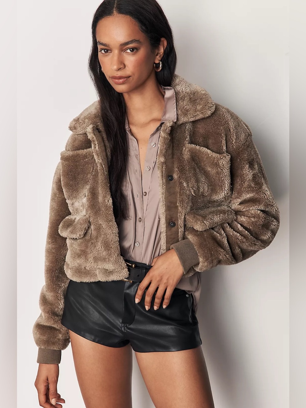 Pilcro Cropped Sherpa Fleece Cargo Jacket